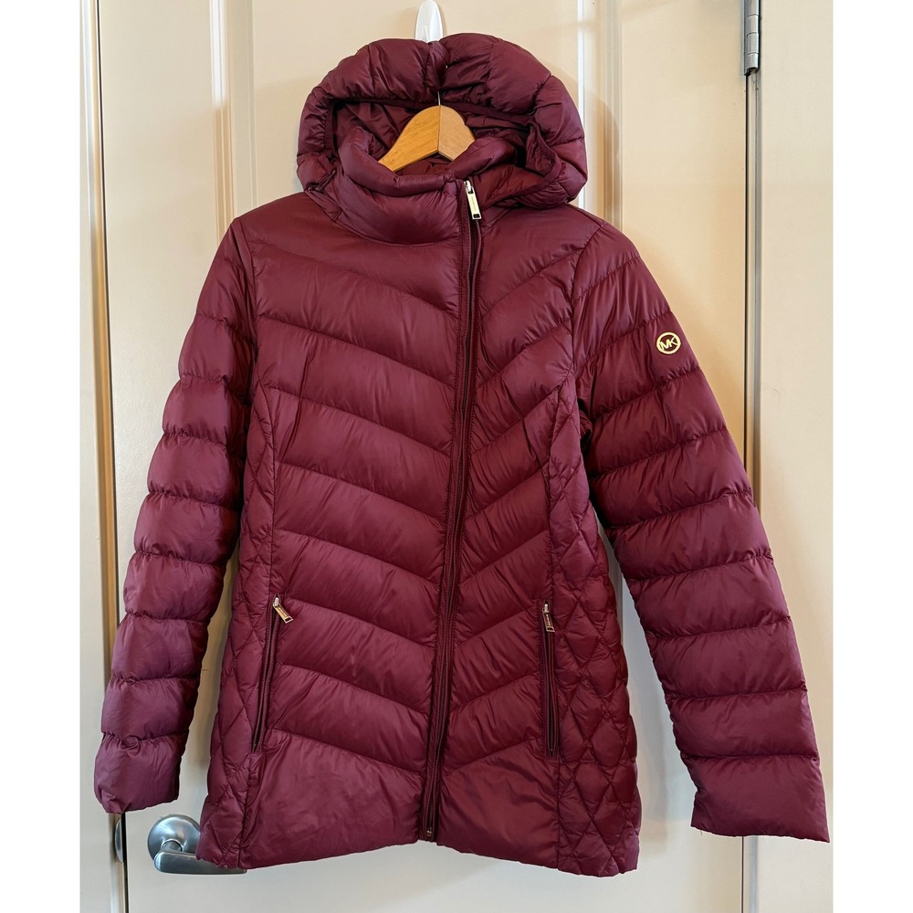 Michael Kors Womens Burgundy Asymmetrical Zip Packable Down Puffer Jacket Size S